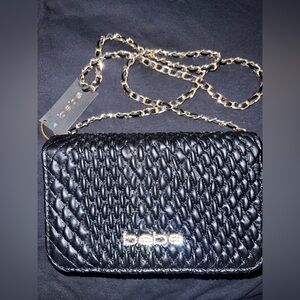Bebe Black Textured Purse With Black & Gold Chain